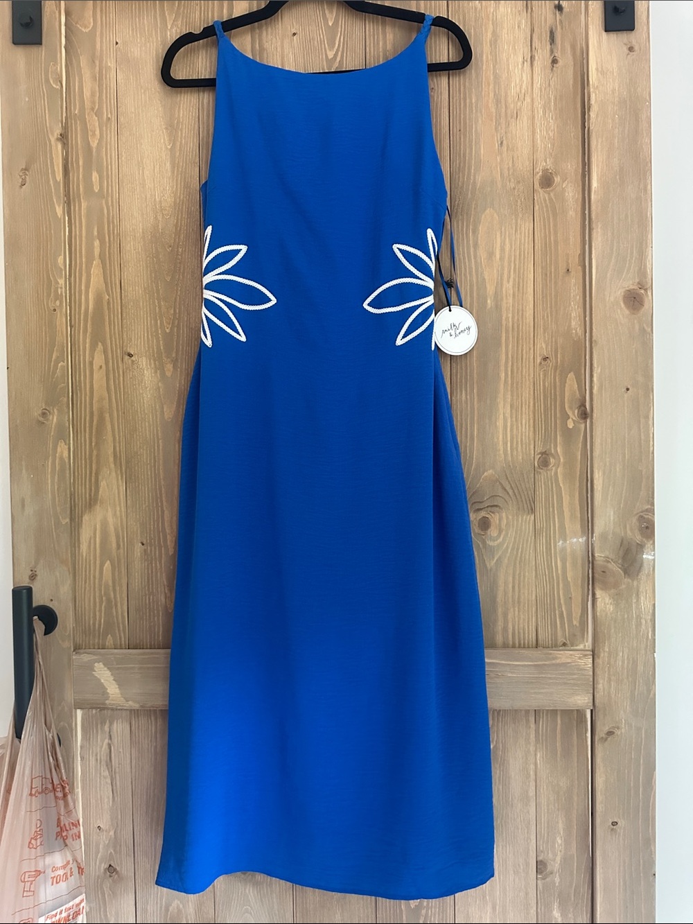 Sleeveless Cobalt Blue Midi Dress with White Floral Side Appliqués